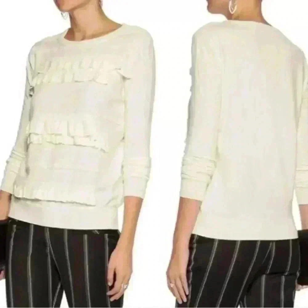 Diane Von Furstenberg Benni Sweater Merino Wool Blend Ruffles Cream Size Large